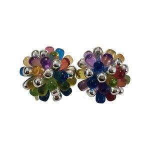 1950s Tutti Fruiti Lucite Cluster Clip On Earrings, Pink, Purple, Blue